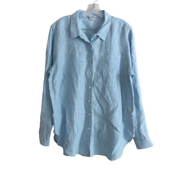 L.L. Bean Tops - L.L Bean Women's 100% Linen Blouse Shirt Size XL Tunic Blue Long Sleeve Top